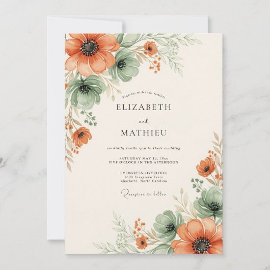 Invitation Mariage Floral Éthéré Orange (Devant)