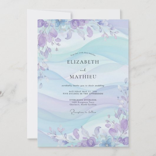 Invitation Mariage Floral Éthéré Pervenche (Devant)