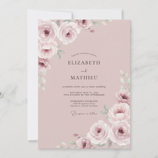 Invitation Mariage Floral Éthéré Rose (Devant)