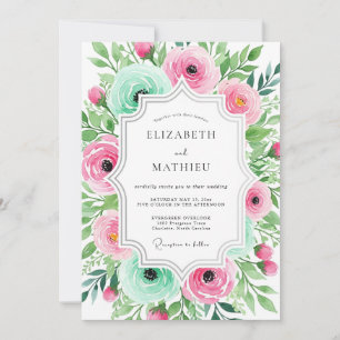 Invitation Mariage Floral Éthéré Rose Aqua