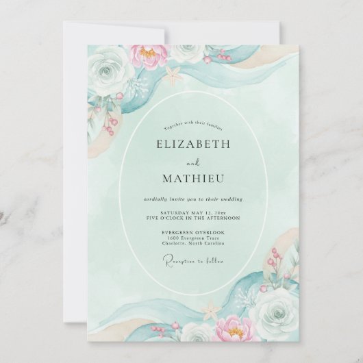 Invitation Mariage Floral Éthéré Sarcelle (Devant)