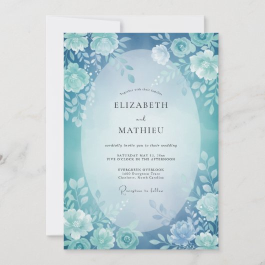 Invitation Mariage Floral Éthéré Turquoise (Devant)