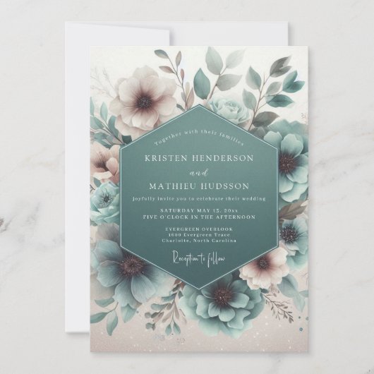 Invitation Mariage Floral Éthéré Turquoise (Devant)