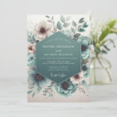 Invitation Mariage Floral Éthéré Turquoise (Debout devant)