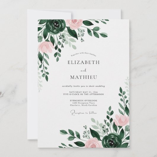 Invitation Mariage Floral Éthéré Vert Forêt (Devant)