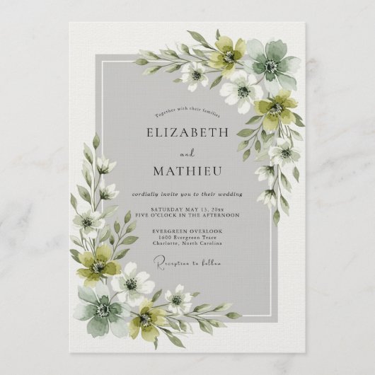 Invitation Mariage Floral Ethéréal Vert Olive (Devant)