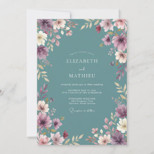 Invitation Mariage Floral Ethéréen Bleu Vert Poussiéreux