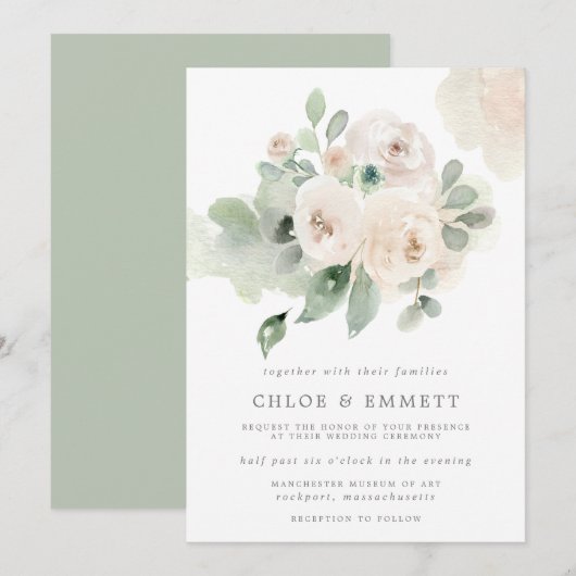 Invitation Mariage floral Eucalyptus Rose blanche (Devant / Derrière)