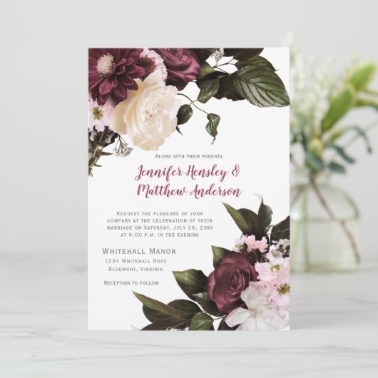 Invitation Mariage floral Euphoria Blush Rose et Bourgogne (Debout devant)