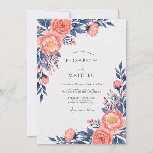 Invitation Mariage Floral Exquisit Navy et Pêche (Devant)