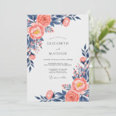 Invitation Mariage Floral Exquisit Navy et Pêche (Debout devant)