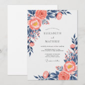 Invitation Mariage Floral Exquisit Navy et Pêche (Devant / Derrière)