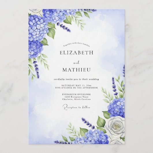 Invitation Mariage Floral Fantaisie Hydrangea Bleu (Devant)