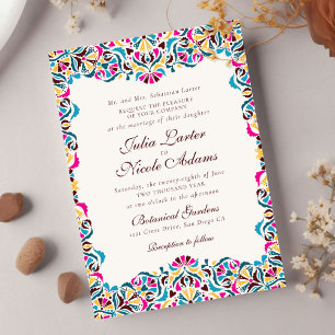 Invitation Mariage Floral Fantaisiste Bleu Magenta Jaune