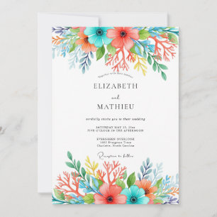 Invitation Mariage Floral Fantaisiste Corail Sarcelle