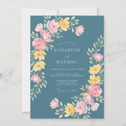 Invitation Mariage Floral Fantaisiste Sarcelle (Devant)