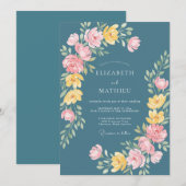 Invitation Mariage Floral Fantaisiste Sarcelle (Devant / Derrière)