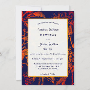 Invitation Mariage Floral Feuille Orange de la marine moderne