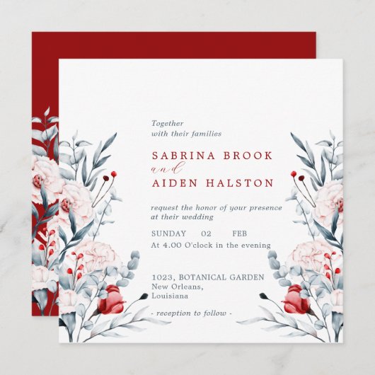 Invitation Mariage Floral Fleur Rouge Et Bleu (Devant / Derrière)