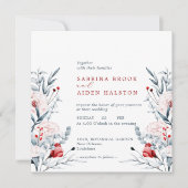 Invitation Mariage Floral Fleur Rouge Et Bleu (Devant)