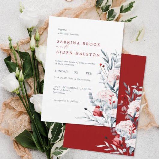 Invitation Mariage Floral Fleur Rouge Et Bleu