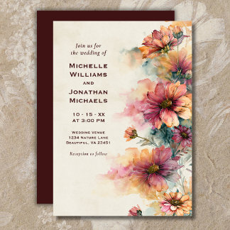 Invitation Mariage Floral Fleur Sauvage Aquarelle Bourgogne