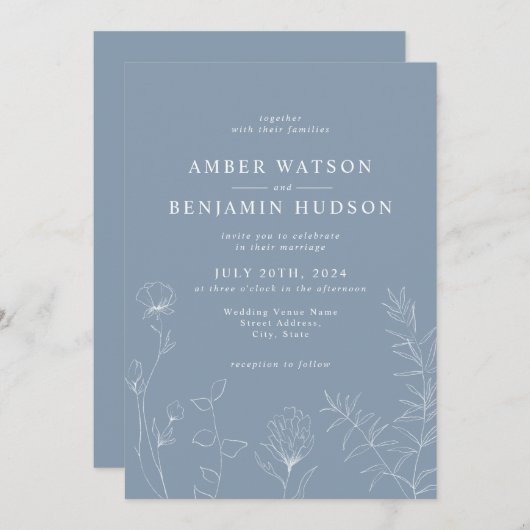 Invitation Mariage floral Fleur sauvage élégant en ardoise bl (Devant / Derrière)