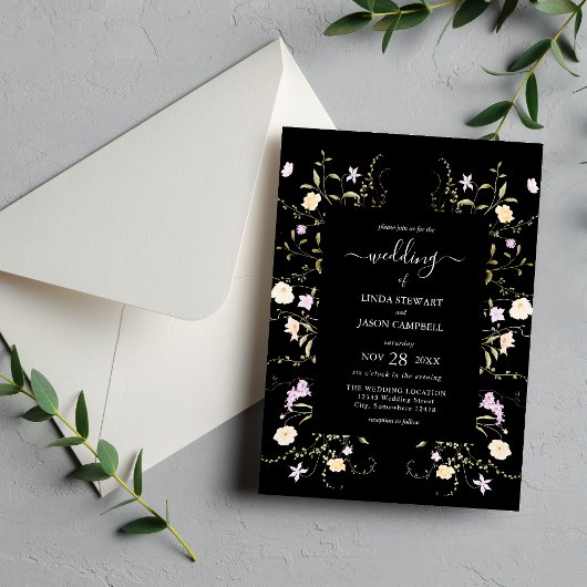 Invitation Mariage Floral Fleur sauvage élégant noir et blanc