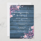 Invitation Mariage Floral Fleur sauvage en bois rustique bleu (Devant)