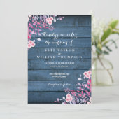 Invitation Mariage Floral Fleur sauvage en bois rustique bleu (Debout devant)