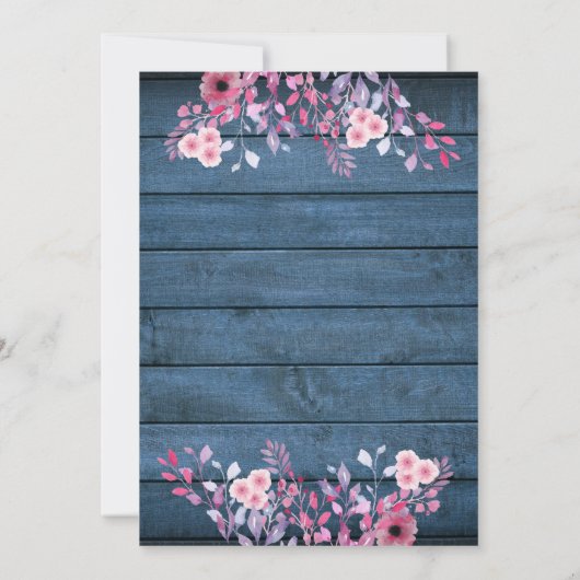 Invitation Mariage Floral Fleur sauvage en bois rustique bleu (Dos)