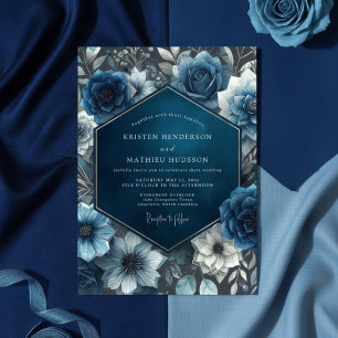 Invitation Mariage Floral Fleurissant Bleu de Minuit
