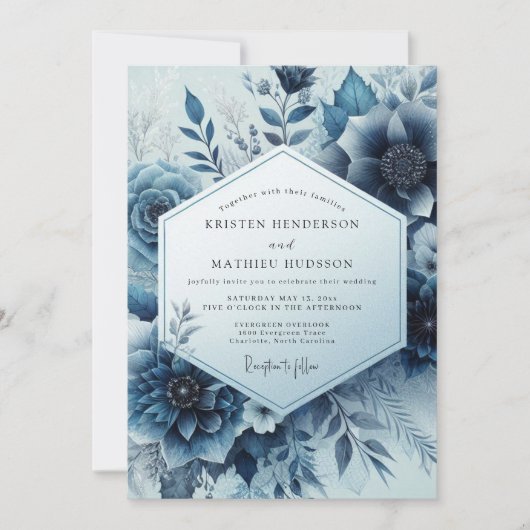 Invitation Mariage Floral Fleurissant Bleu de Minuit (Devant)
