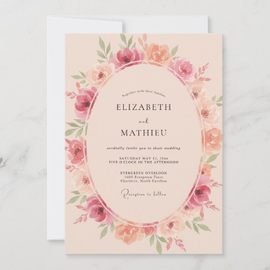 Invitation Mariage Floral Fleurissant Rose Pêche (Devant)