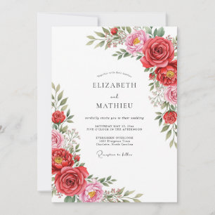 Invitation Mariage Floral Fleurissant Rose Rouge