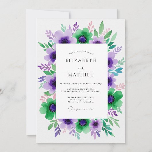 Invitation Mariage Floral Fleurissant Violet Vert (Devant)