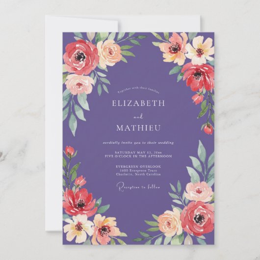 Invitation Mariage Floral Foncé de Deep Purple (Devant)