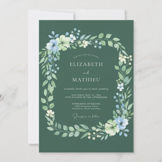 Invitation Mariage Floral Foncé de Vert Sauge (Devant)