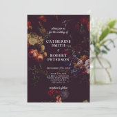 Invitation Mariage floral foncé et élégant de Bourgogne (Debout devant)