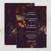 Invitation Mariage floral foncé et élégant de Bourgogne (Devant / Derrière)