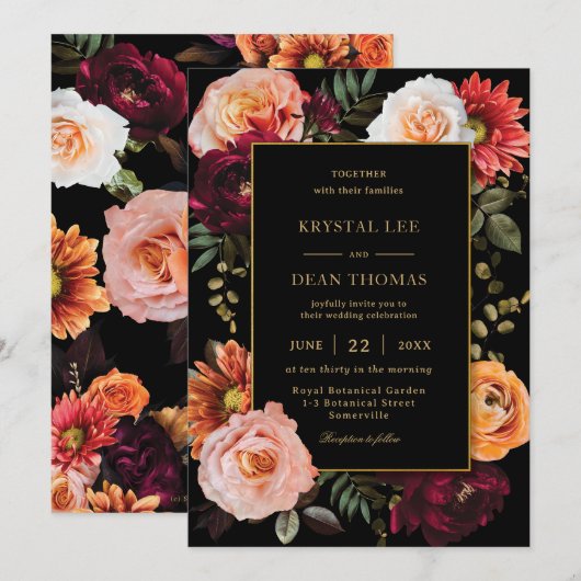 Invitation Mariage floral foncé Moody Orange Bourgogne (Devant / Derrière)