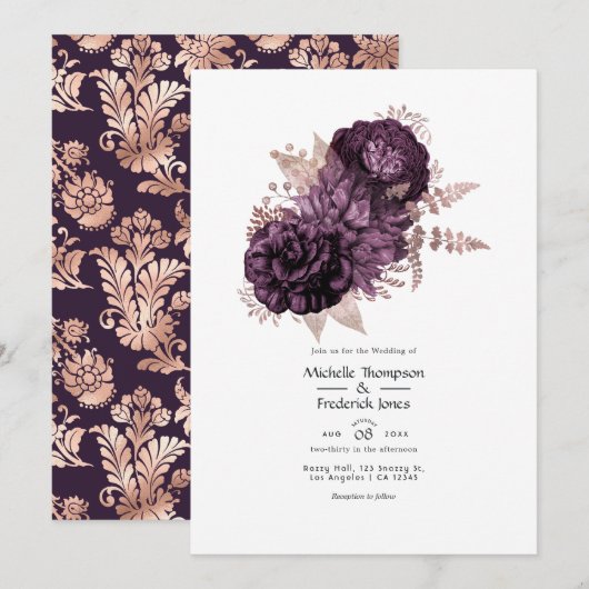 Invitation Mariage floral foncé violet et Rose or (Devant / Derrière)