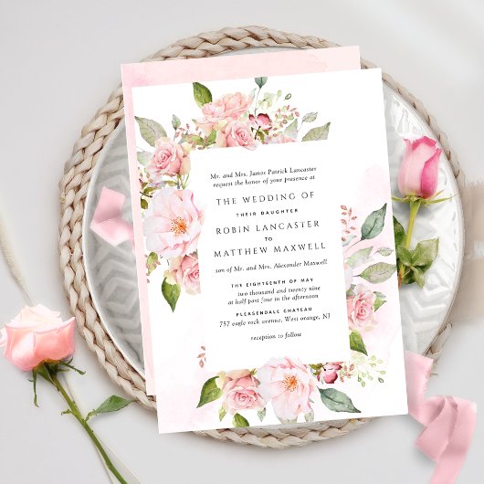 Invitation Mariage Floral Formel Rose, Blush et Rose Or