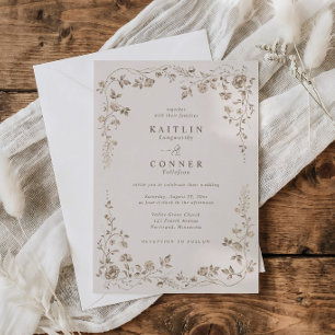 Invitation Mariage Floral Français Beige Brun Vintage
