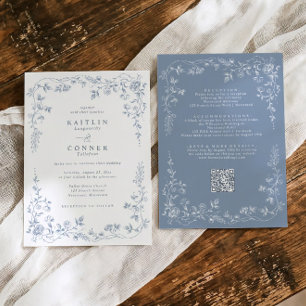Invitation Mariage Floral Français Bleu Poussiéreux Vintage