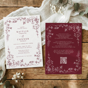 Invitation Mariage floral français rouge bordeaux vintage