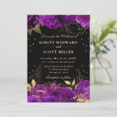 Invitation Mariage Floral frontalier Rose pourpre et or (Debout devant)