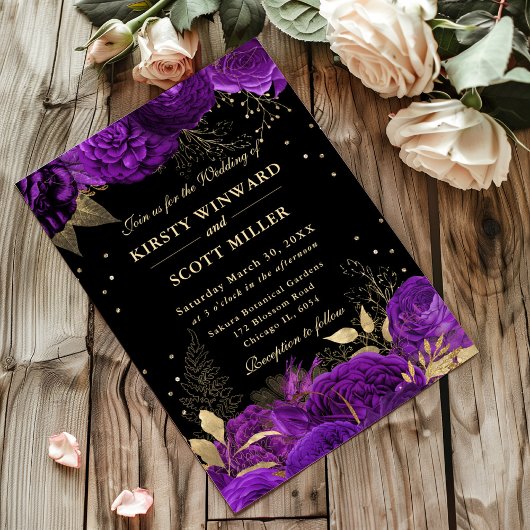 Invitation Mariage Floral frontalier Rose pourpre et or
