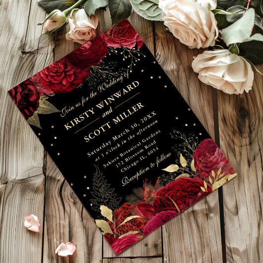 Invitation Mariage Floral frontalier Rose rouge et or