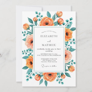 Invitation Mariage Floral Fruité de Pêche et de Teinte Bleue